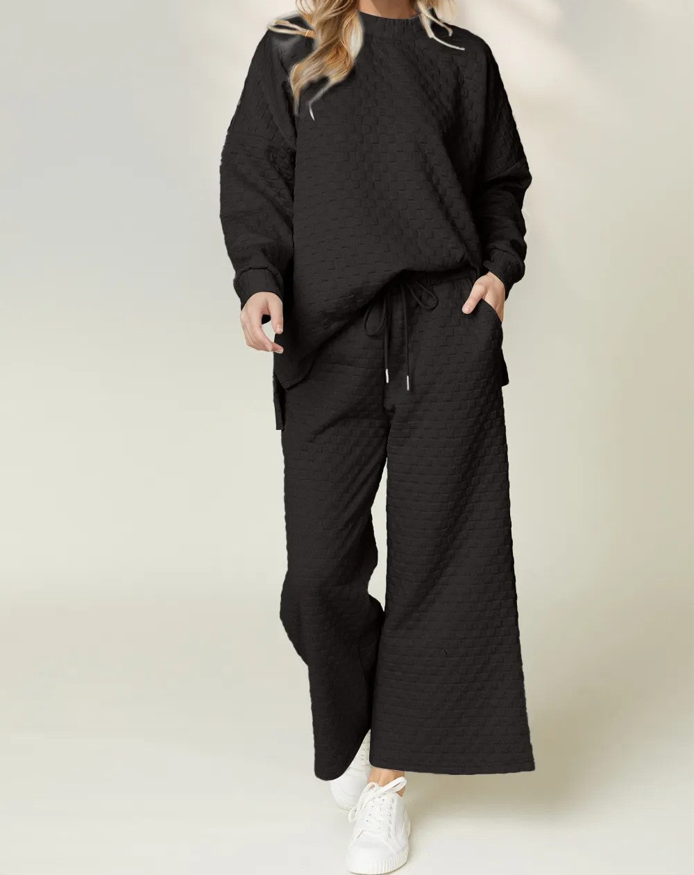 Double Take Checkered Slit High-Low Round Neck Top and Wide Leg Pants Set