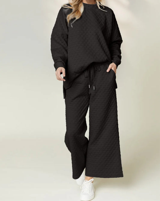 Double Take Checkered Slit High-Low Round Neck Top and Wide Leg Pants Set