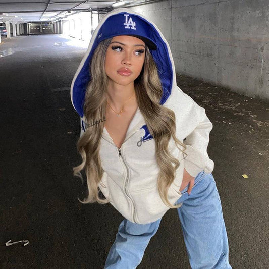 Women's Zip-up Khaki Blue interior Y2K Hoodie - TWSignificant™