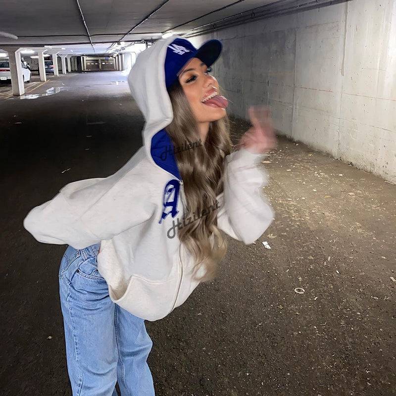 Women's Zip-up Khaki Blue interior Y2K Hoodie - TWSignificant™